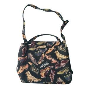 Toby Weston Tapestry‎ Hand Bag Black With 1950’s  Shoe Patterns Black and Tan